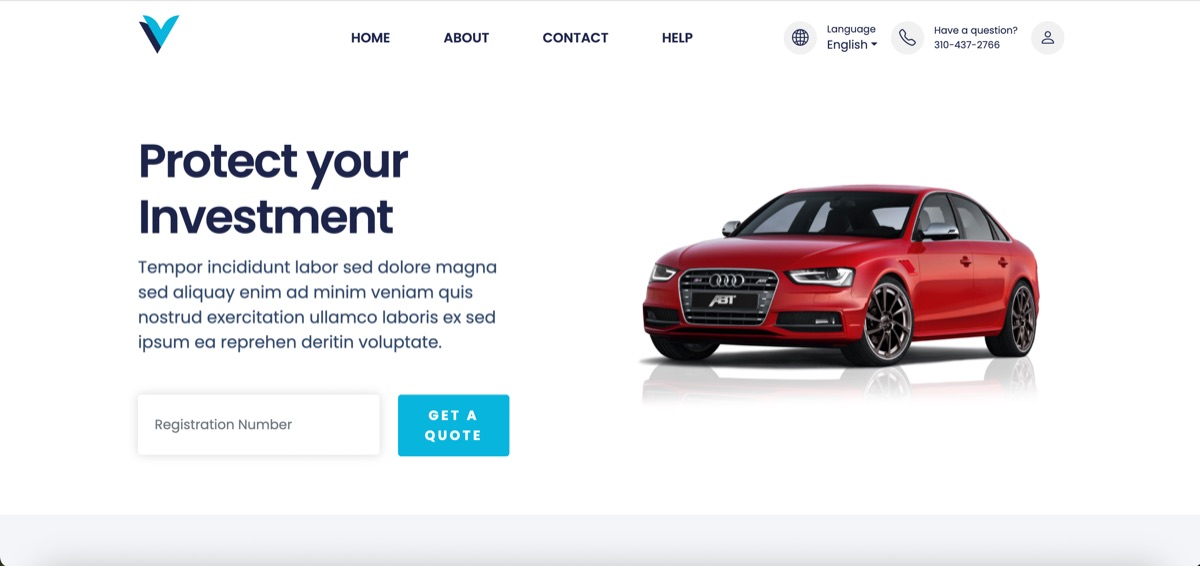 The Auto Secure landing page, with the registration-number entry point into the quote flow.