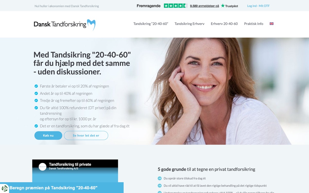 The Dansk Tandforsikring homepage, showing the Tandsikring 20-40-60 product and quote entry point.