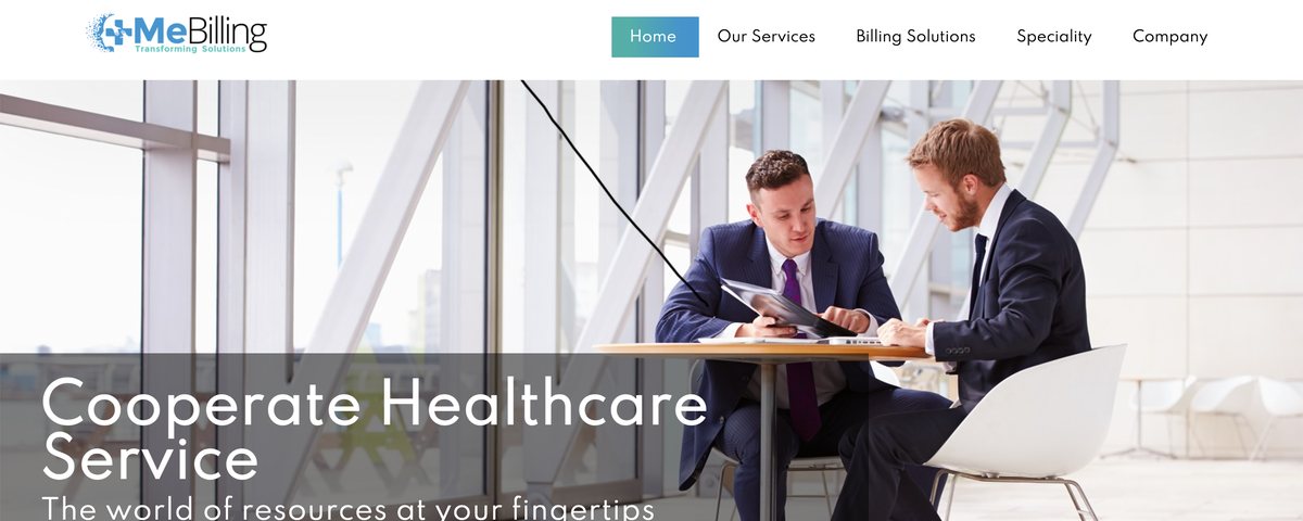 The ME Billing homepage, with its services navigation and the Cooperate Healthcare Service hero.