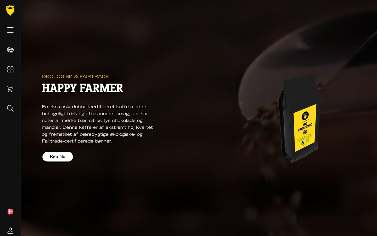 The Yellow Beard storefront, showing the Happy Farmer coffee product and the shop's icon rail.